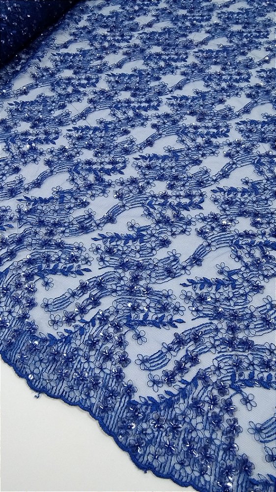 Tecido renda tule bordado pedraria floral azul royal 1,30cm de largura