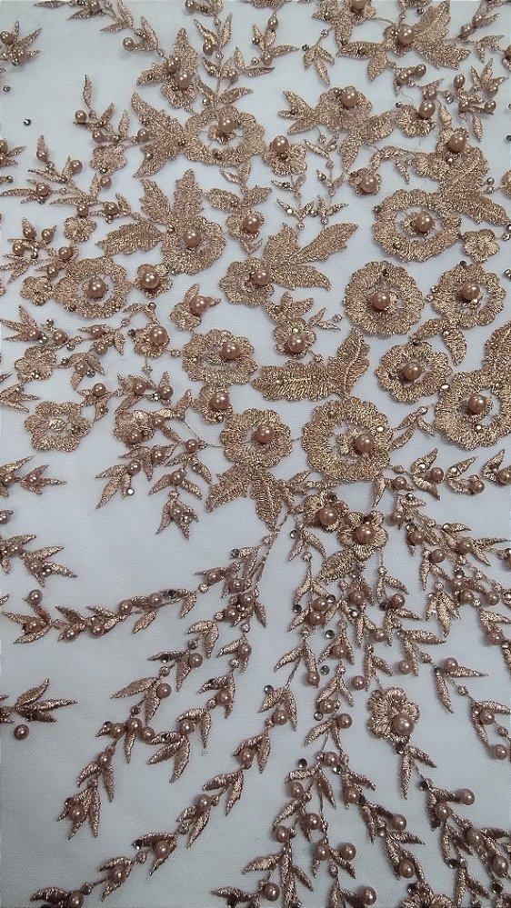 Tecido renda tule bordado com pedraria arabesco nude _ 1,30cm larg.