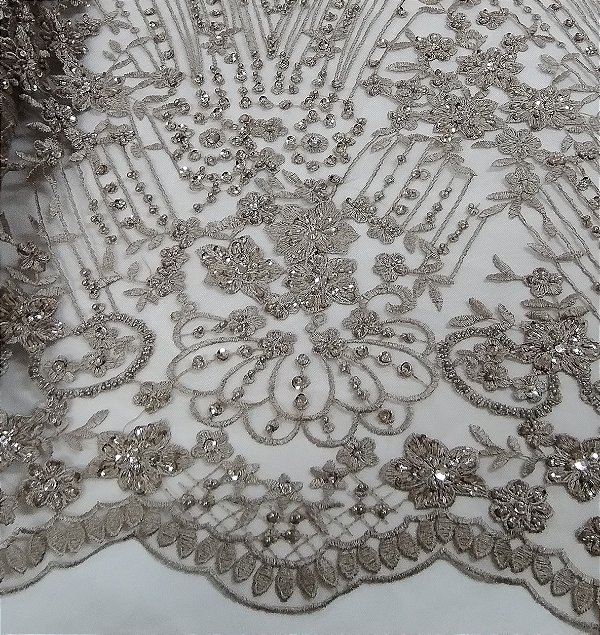 Tecido renda tule bordado com pedraria arabesco e Floral nude _ 1,30cm larg.