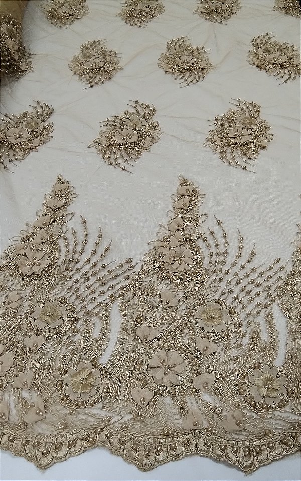 Tecido renda tule bordado com pérola floral  _ 1,30cm larg.