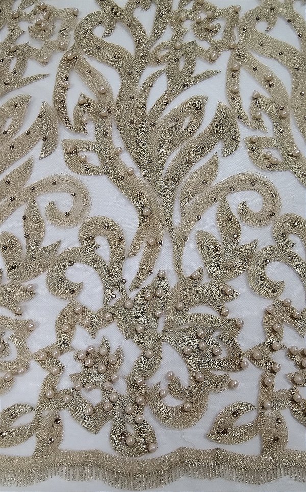 Tule bordado com pérola dourado