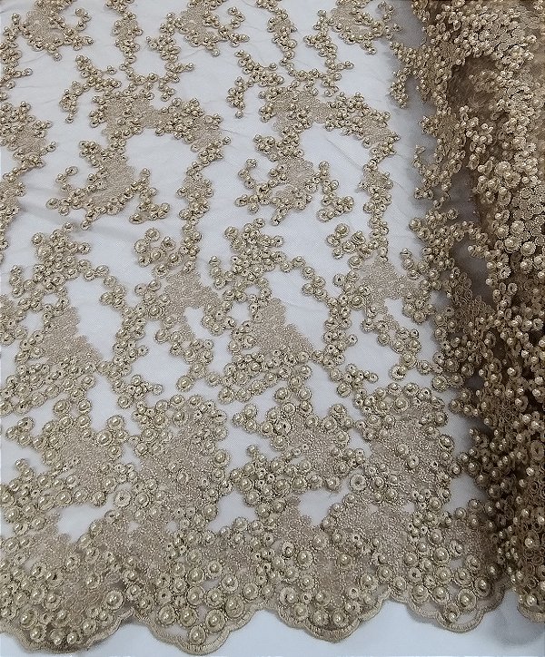 Tule bordado com pérola dourado