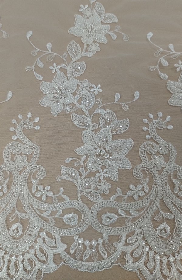 Tecido renda tule  bordado floral com pedraria off white