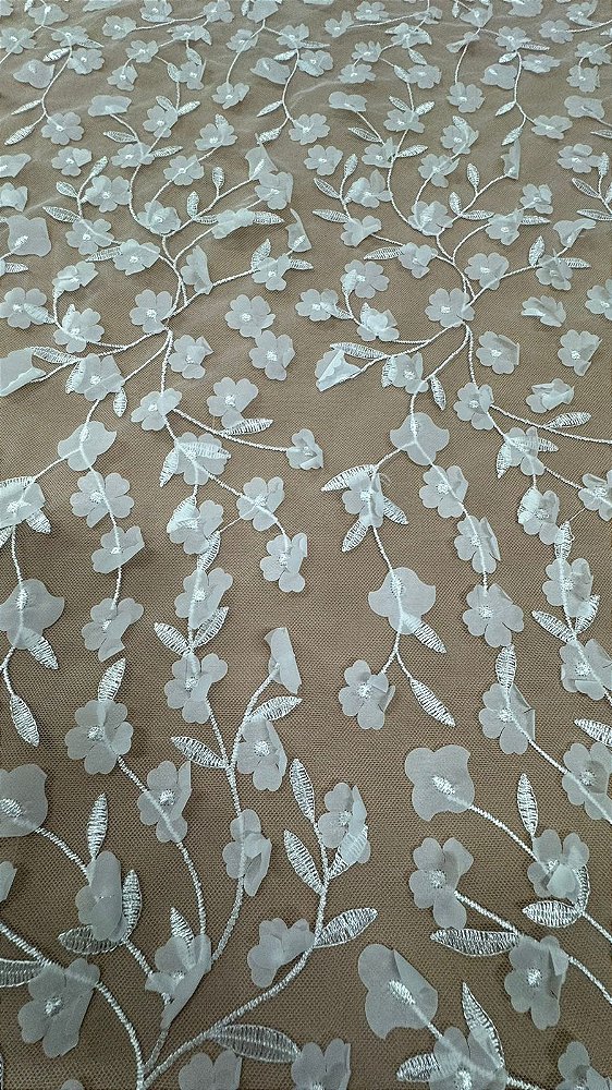 Tule bordado 3D floral branco-1,30 cm -larg.