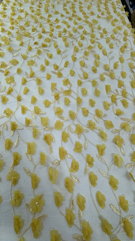 Tule bordado 3D floral amarelo-1,30 cm -larg.