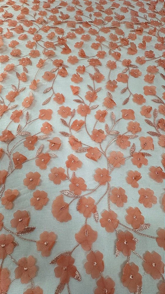Tule bordado 3D floral coral-1,30 cm -larg.