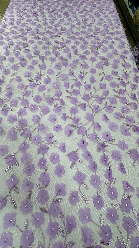 Tule bordado 3D floral lilás-1,30 cm -larg.
