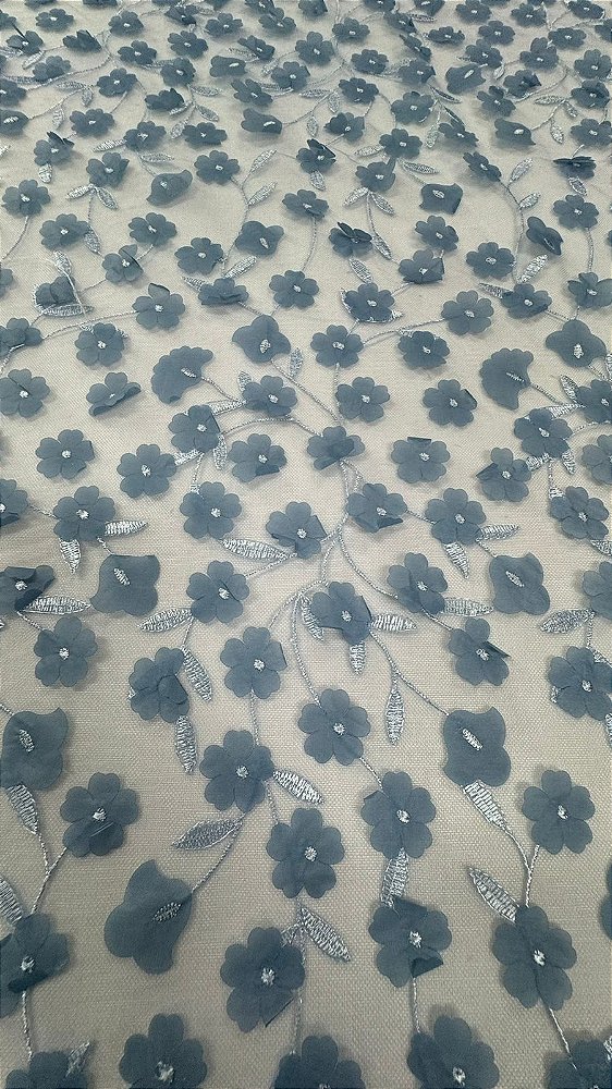 Tule bordado 3D floral azul serenity-1,30 cm -larg.