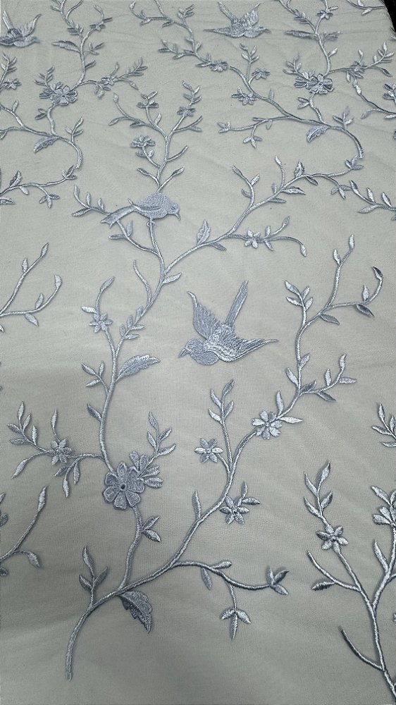 Tule renda bordado barrado com passáros sem pedrarias azul larg:  130 cm
