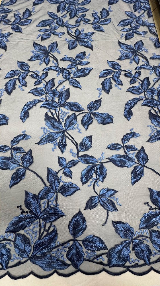 Tule renda bordado floral bicolor sem pedrarias azul  larg:  130 cm