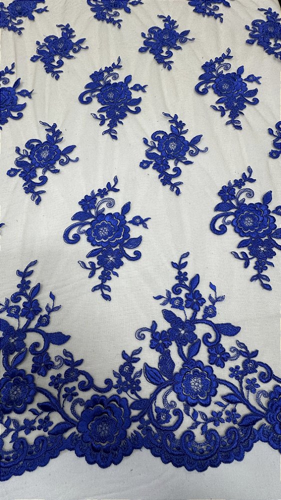 Tule ilusion renda bordado floralsem pedrarias azul royal  larg:  130 cm