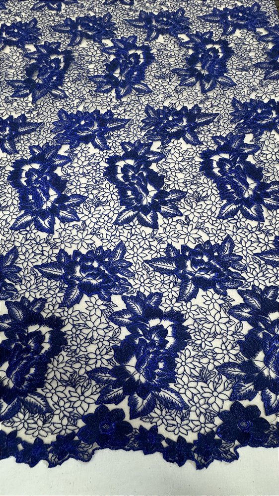 Tule ilusion floral Bordado Azul Royal,Largura 130 cm