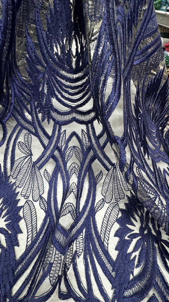 Tule ilusion arabescos Bordado Azul Royal,Largura 130 cm