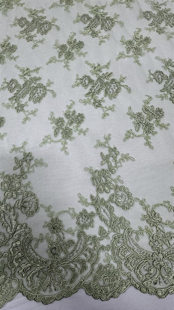 Tule bordado com fio soutache floral,cor verde  largura 130 cm composição 100% Poliéster