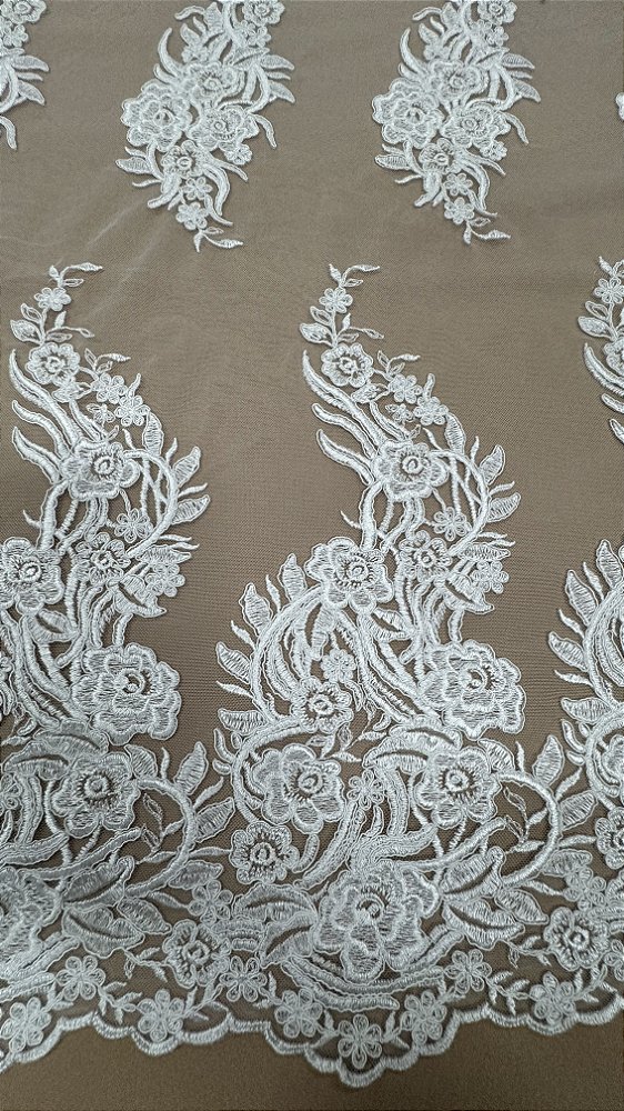Tule bordado barrado sem pedrarias,off white largura 140 cm 100% Poliamida.