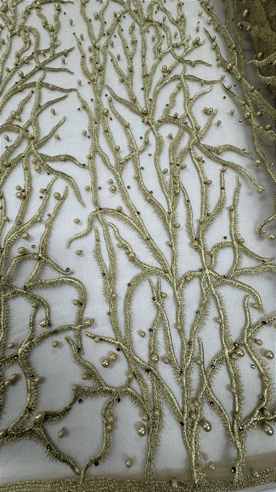Tule bordado com pérolas,dourado 130 cm composição 100% Poliamida.