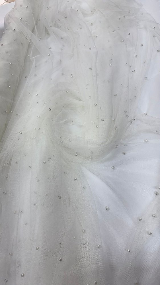 Tule ilusione com pérolas 160 cm de largura Off white