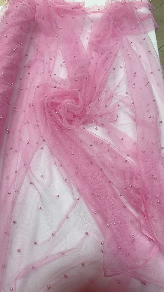 Tule ilusione com pérolas 160 cm de largura rosa