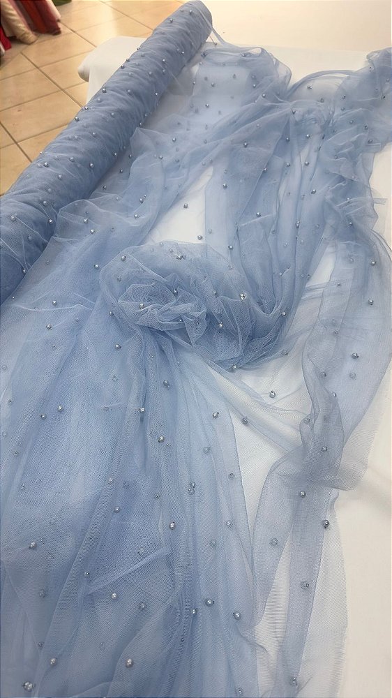 Tule ilusione com pérolas 160 cm de larg. azul claro