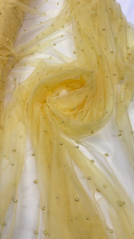 Tule ilusione com pérolas 160 cm de larg. amarelo