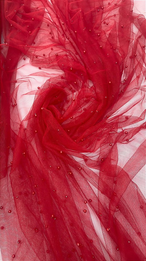 Tule ilusione com pérolas 160 cm de larg. vermelho