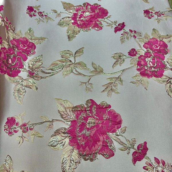 Tecido Jacquard Bordado com Relevo Floral Rosa/Dourado