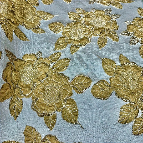 Tecido Jacquard Bordado Floral Nude/Dourado