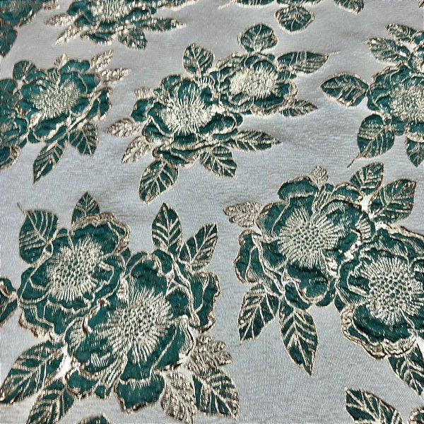 Tecido Jacquard Bordado com Relevo Floral Nude/Verde Esmeralda