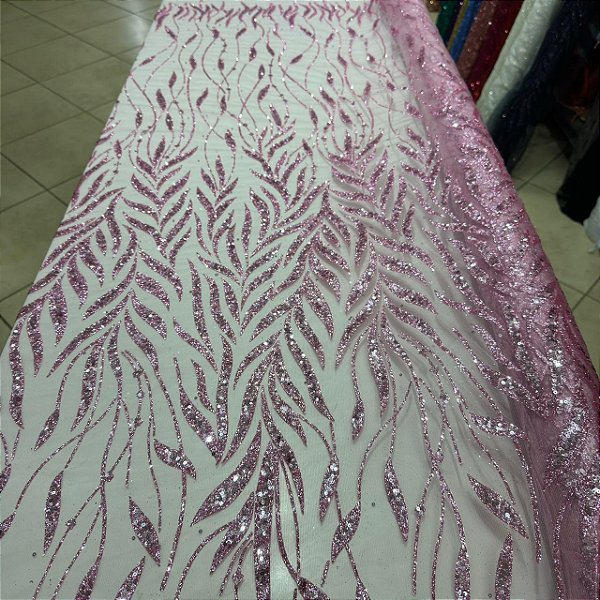 Tule Bordado com Glitter e Paetês Rosa