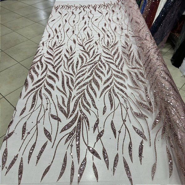 Tule Bordado com Glitter e Paetês Rose