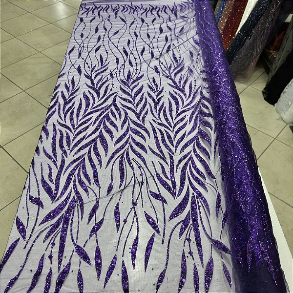 Tule Bordado com Glitter e Paetês Roxo