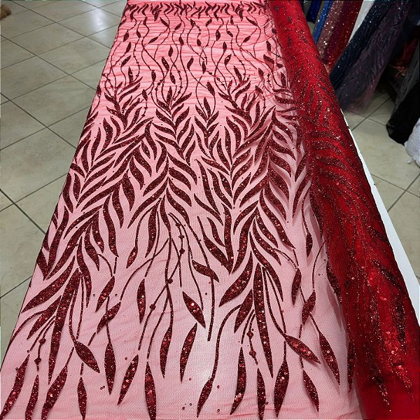 Tule Bordado com Glitter e Paetês Vermelho