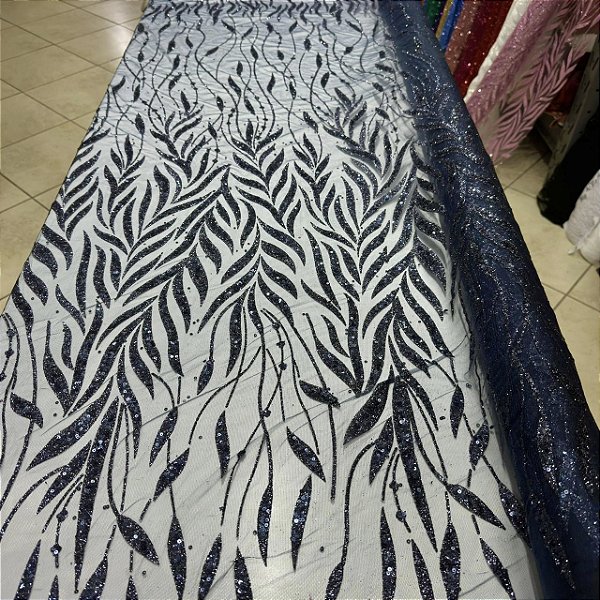 Tule Bordado com Glitter e Paetês Azul Marinho