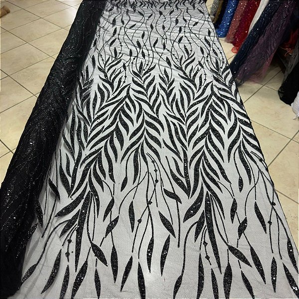 Tule Bordado com Glitter e Paetês Preto