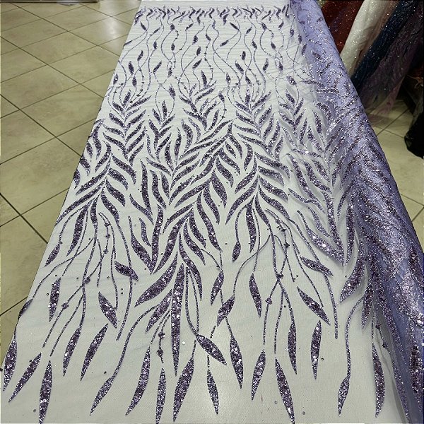 Tule Bordado com Glitter e Paetês Lilás