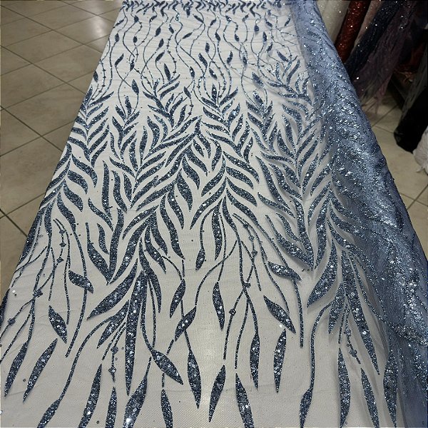 Tule Bordado com Glitter e Paetês Azul claro