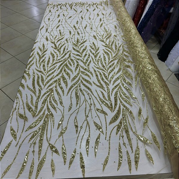 Tule Bordado com Glitter e Paetês Dourado