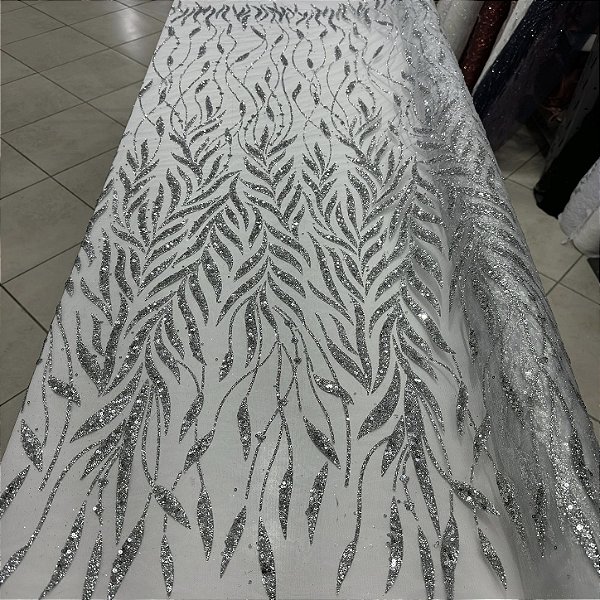 Tule Bordado com Glitter e Paetês Prata