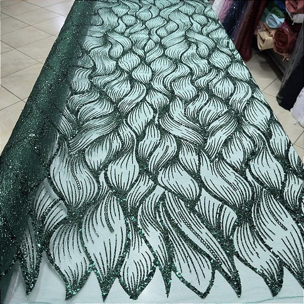 Tule Bordado Diamante Quebrado Verde Esmeralda