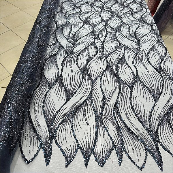 Tule Bordado Diamante Quebrado Azul Marinho