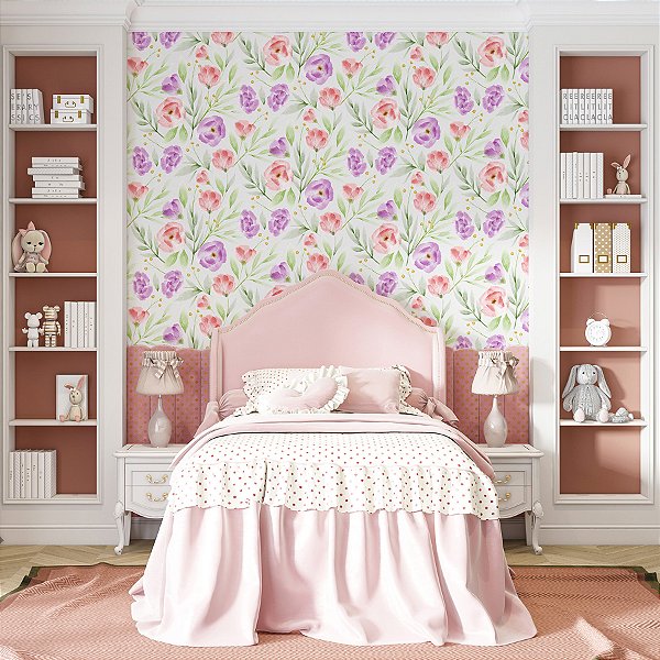 Papel de Parede Flores Rosas e Roxas