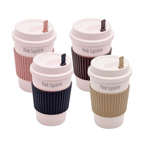 Copo Café Kook Suprême 450ml com Tampa e Mexedor Fibra Bambu