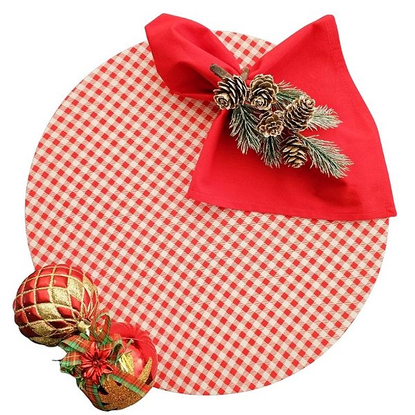 Kit Natal Xadrez Vermelho P: 1 Capa + 1 Guardanapo + 1 Anel PG