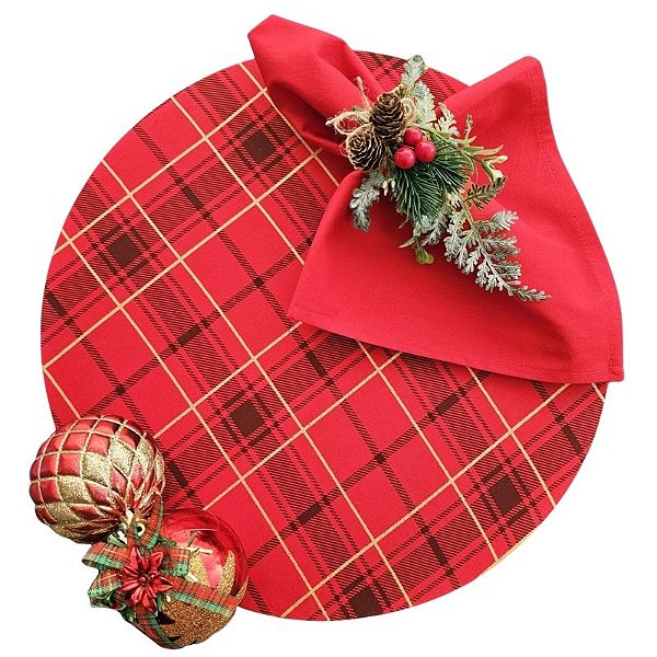 Kit Natal Xadrez Vermelho Dourado: 1 Capa + 1 Guardanapo + 1 Anel PG