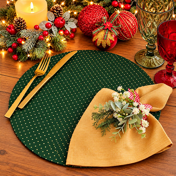 Kit Natal Poá Verde Dourado: 1 Capa + 1 Guardanapo + 1 Anel PG