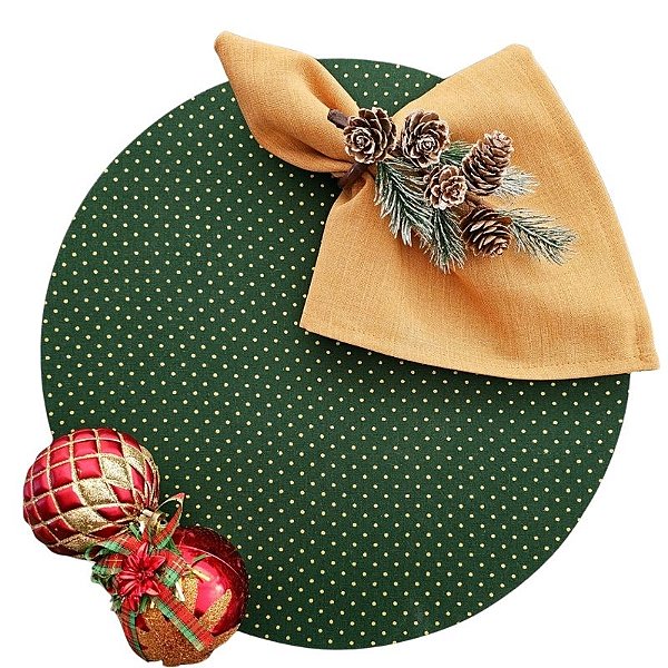 Kit Natal Poá Verde Dourado: 1 Capa + 1 Guardanapo + 1 Anel PG