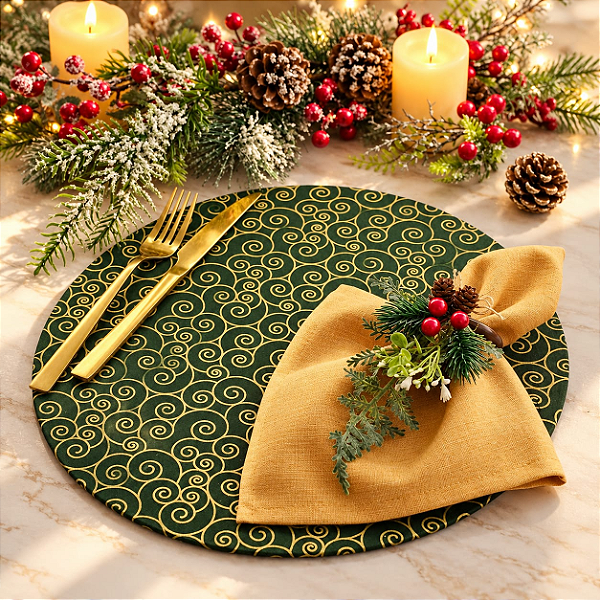 Kit Natal Caracol Verde Dourado: 1 Capa + 1 Guardanapo + 1 Anel PG