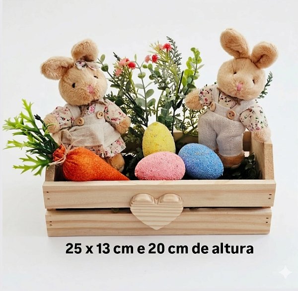 Caixote com casal coelhinhos, ovinhos e cenoura