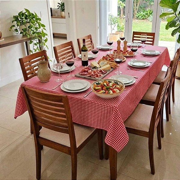 Toalha de Mesa Xadrez Vermelha 8 Lugares 2,50 x 1,40m