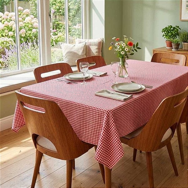 Toalha de Mesa Xadrez Vermelha 6 Lugares 2 x 1,40m